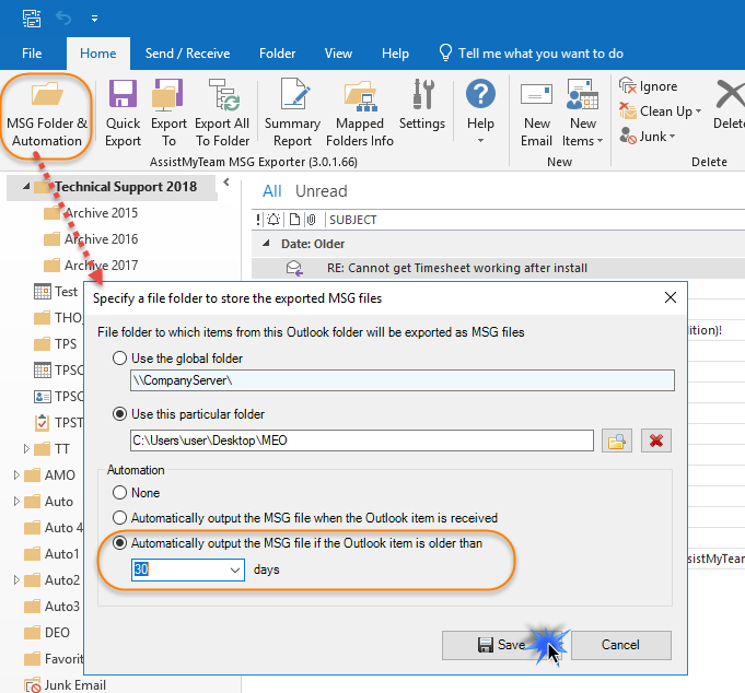 Configure MSG Exporter add-in to auto archive emails that are expired