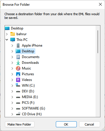 Browse for folder dialog box for converting MSG to EML