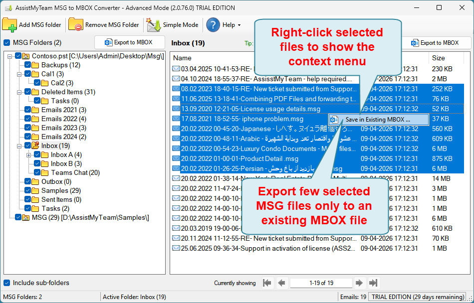 Export few MSG files to MBOX