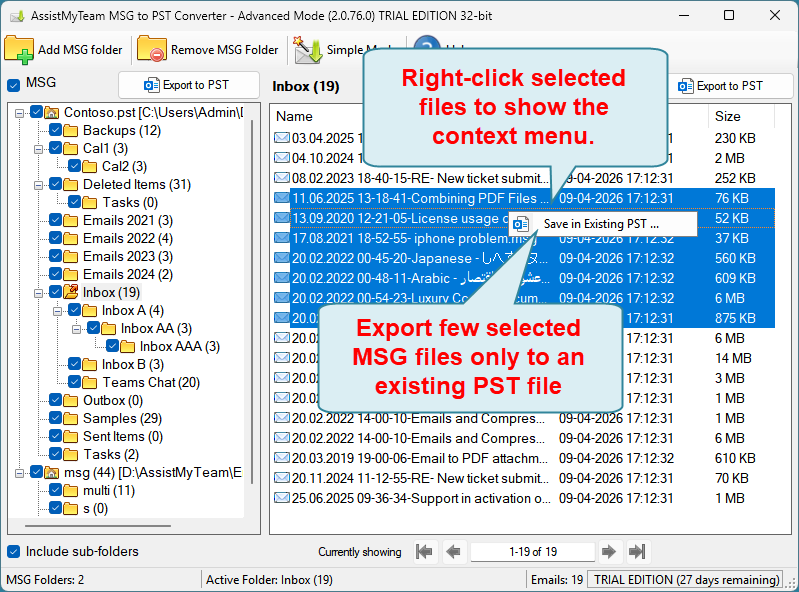 Export few MSG files to PST