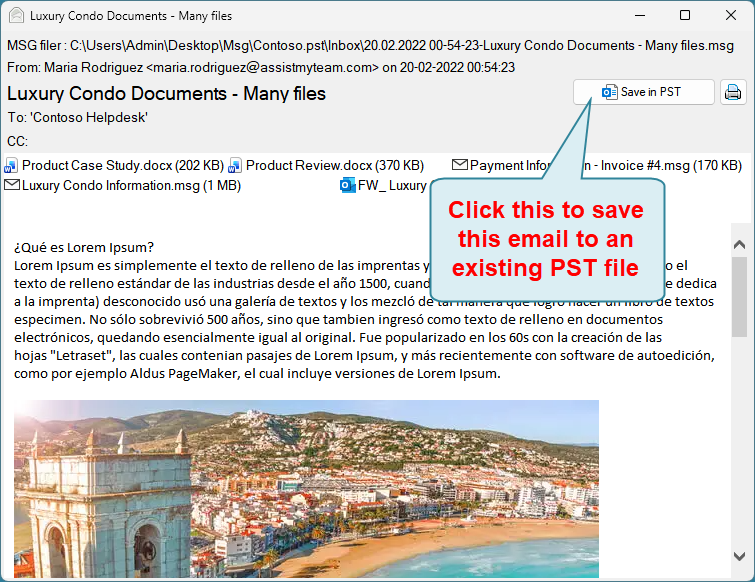 Export MSG Email to an existing PST file