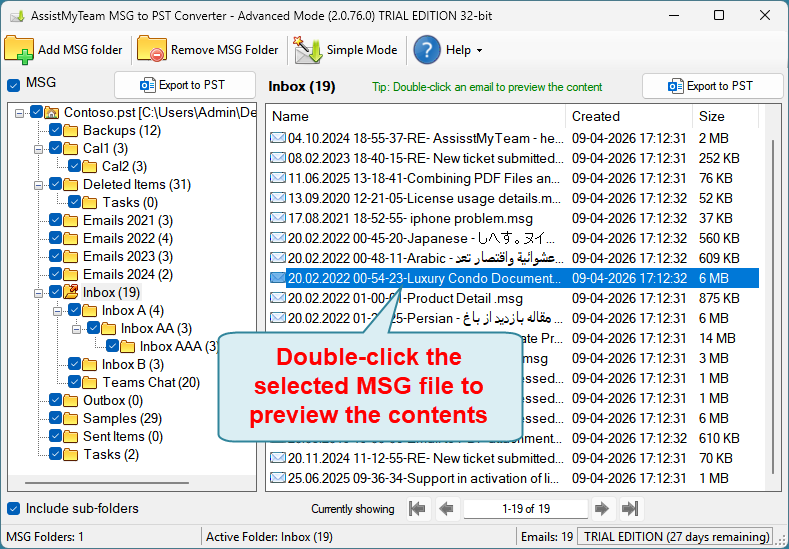 Select MSG Email to preview the contents