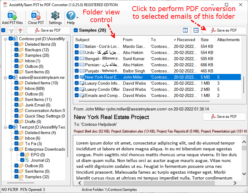 Convert folder of a PST to PDF