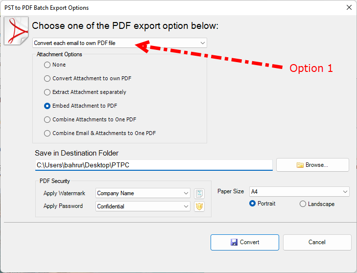 Save as PDF dialog box for converting PST to PDF