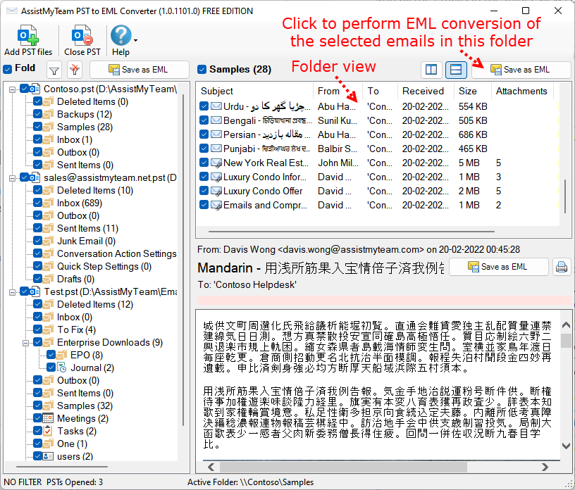 Convert folder of a PST to EML