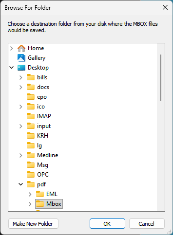 Browse for folder dialog box for converting PST to MBOX