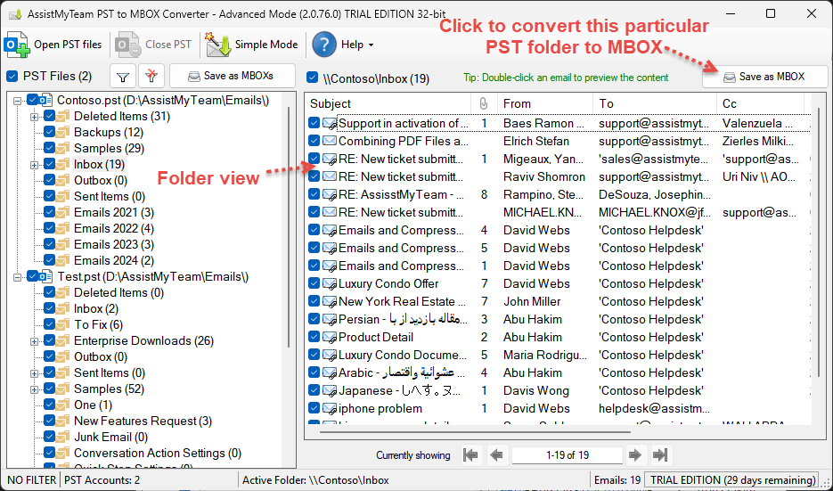 Convert folder of a PST to MBOX