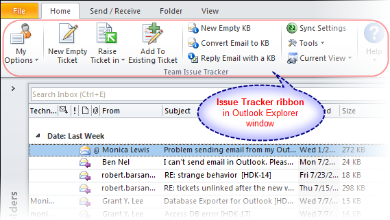 The toolbar of the SharePoint ticket system as seen in Outlook folder