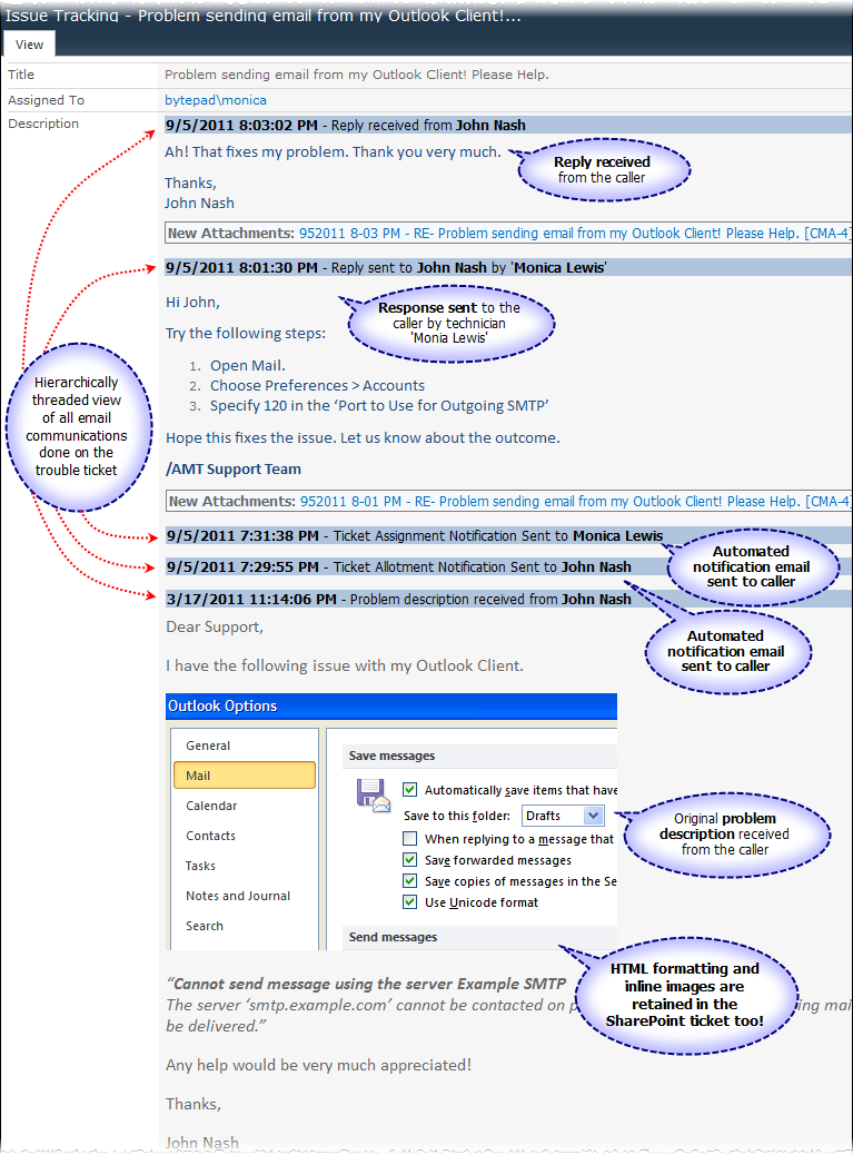 A ticket body spanning across multiple conversations captured in SharePoint