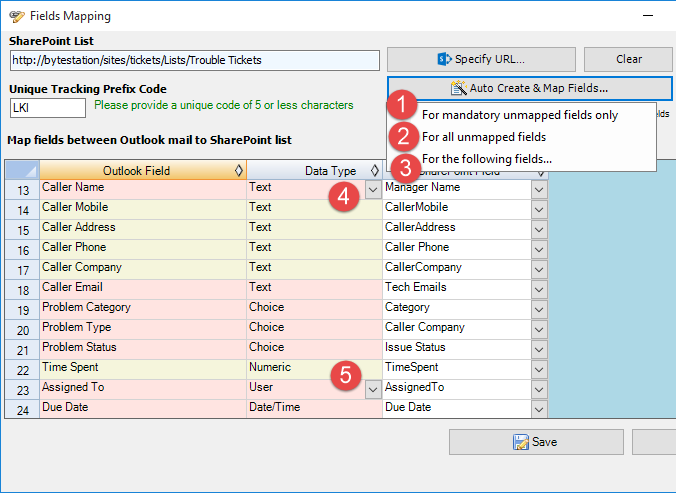 The mapping of email and SharePoint fields as part of the ticket system