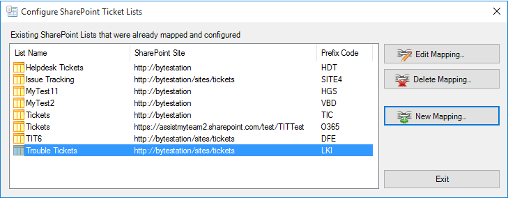 Choose the SharePoint lists that will store the tickets raised from Outlook by the ticket system.