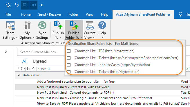 Choose a SharePoint list to which the whole contents of the current Outlook folder will be exported to