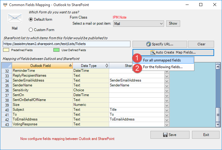 The mapping panel to link and map an email field to a SharePoint field