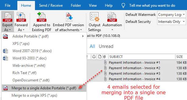 Combine multiple emails to one PDF file in Outlook