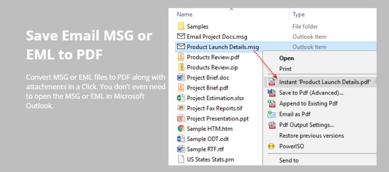 Convert MSG or EML files to PDFs in a click from